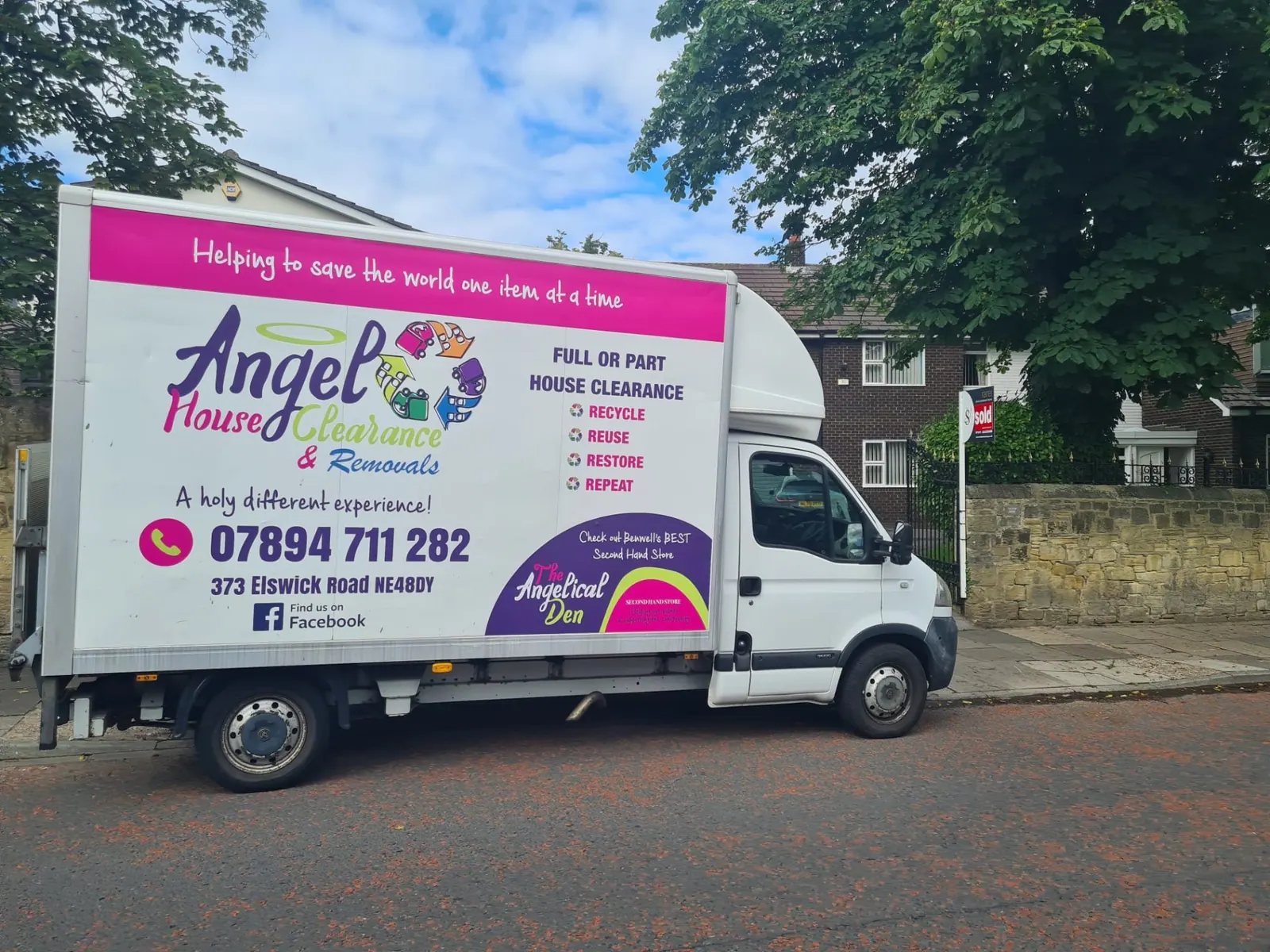 Angel House Clearance lorry side view with full branding