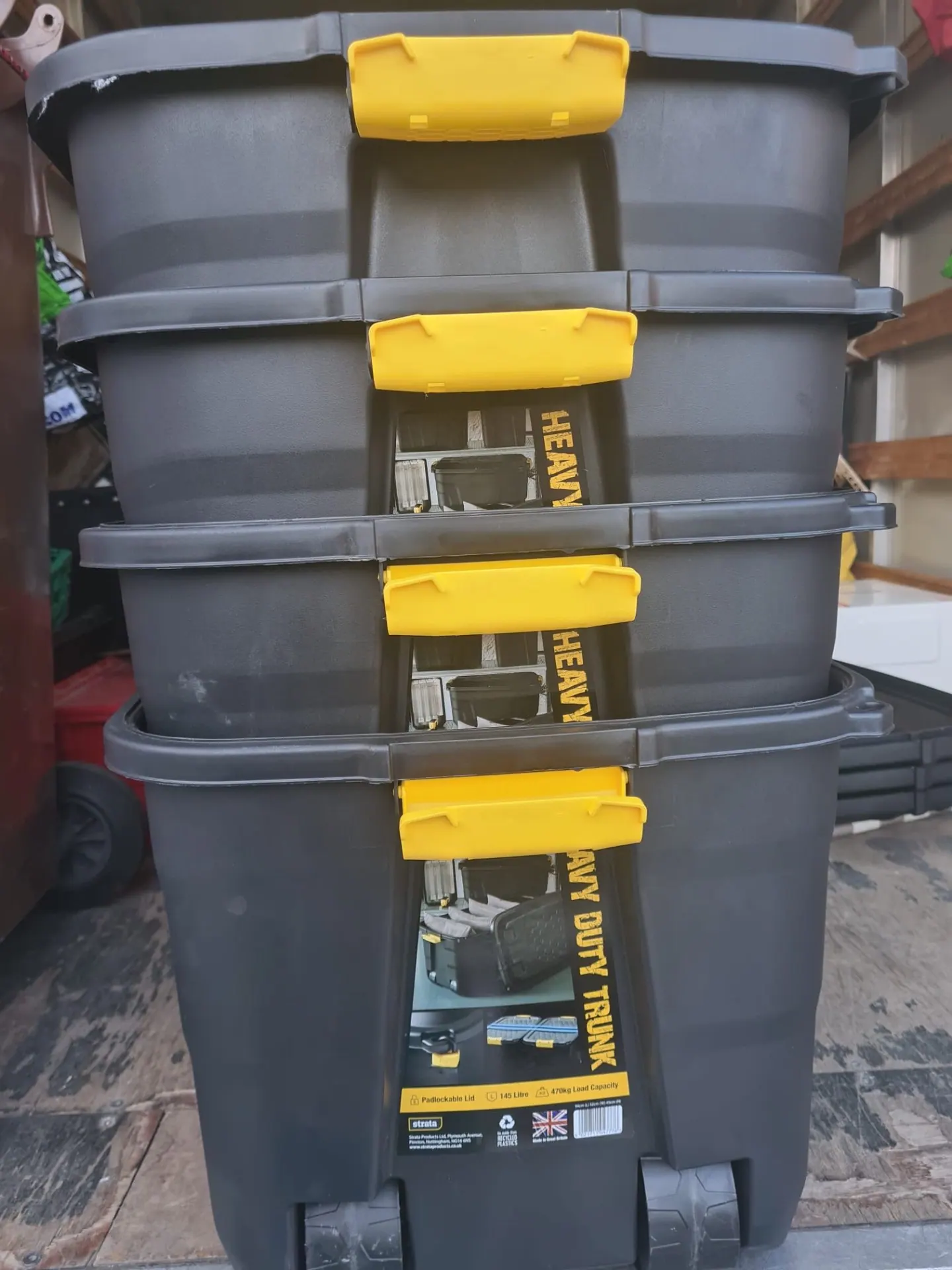 Heavy duty storage boxes used for house clearances