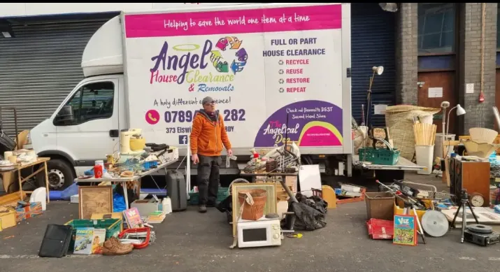 Reusable items sorted outside the Angel House Clearance van