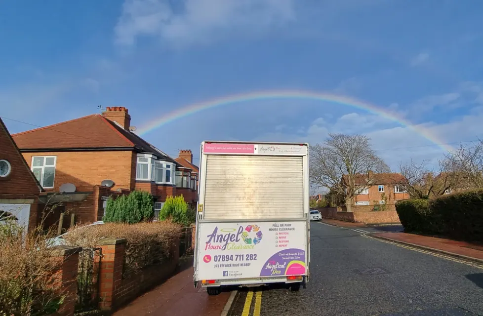 Angel House Clearance van with a rainbow in Newcastle